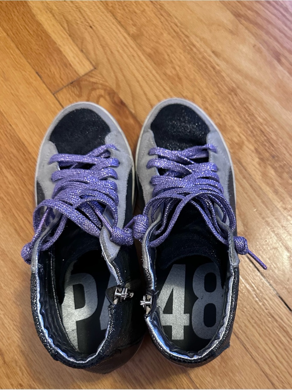 P448 Womens Glitter High-Top Sneakers in Purple, Black, and Gray